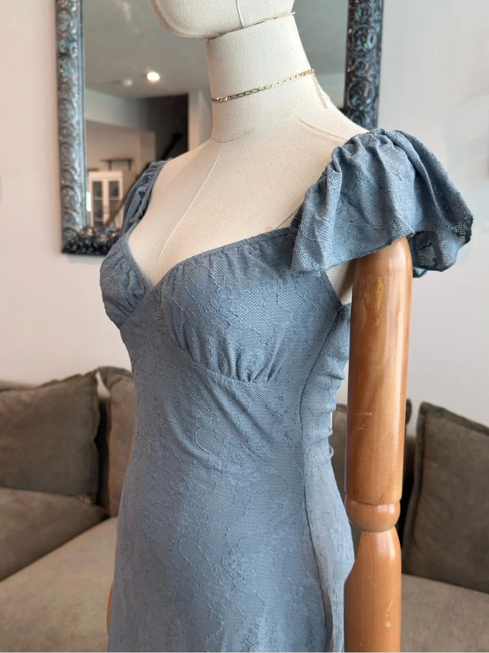 WeWoreWhat Asymmetrical Lace Mini Dress Dusty Blue | Size M - Picture 5 of 13